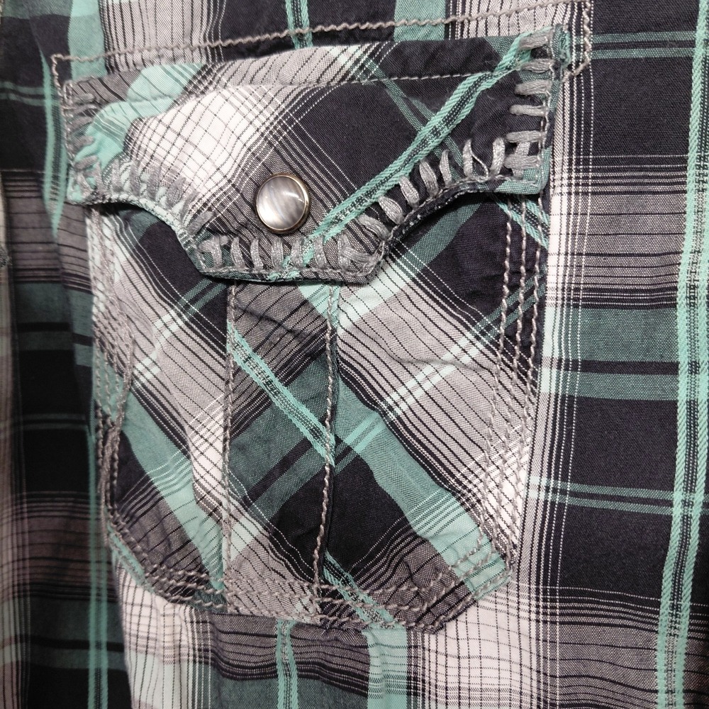 Rock & Roll Cowboy Shirt Men L Green Plaid Pearl Snap Thick Stitch Western Rodeo - Picture 5 of 16